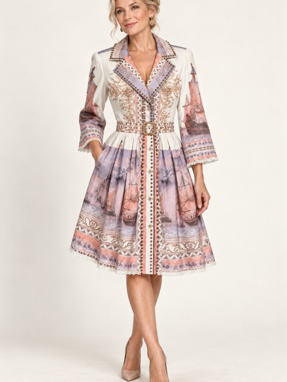 Women's Printed Button-Front Tunic Jacket in White and Coral
